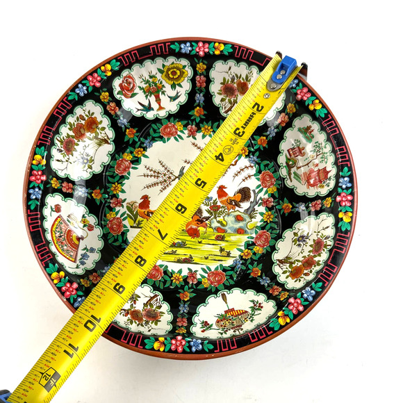 Vintage 1971 Daher Decorated Ware Round Tin Tray Bowl Roosters Floral Farmhouse - Picture 6 of 10